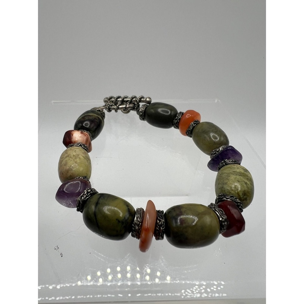 Serpentine Amethyst Multi Stone Beaded Bracelet Earthy Boho Gorpcore Green 8"‎